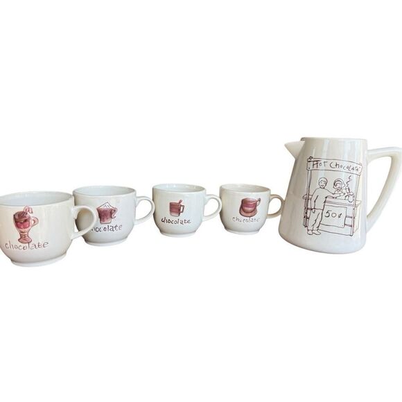French Café Hot Chocolate Ceramic Pitcher Pot 42 Ounce Capacity & Set of 4 mugs - Picture 3 of 13